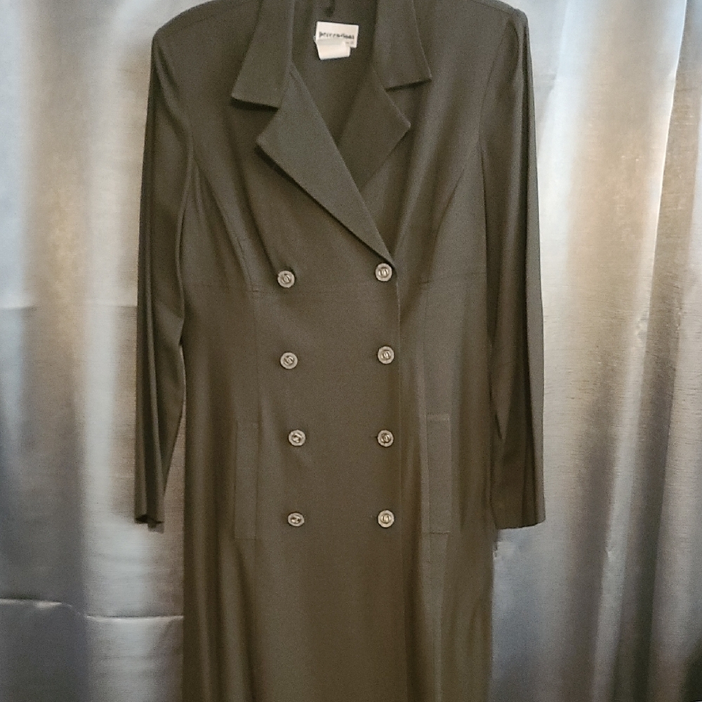 Double-Breasted Wrap Coat Dress, Olive Green Long Sleeve By Perceptions PTP 20